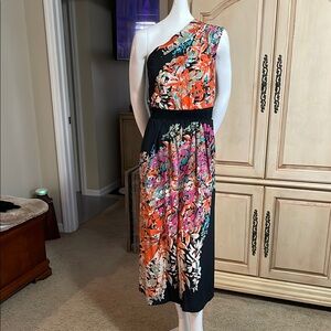 Tracy Reese Silk One Shoulder Ruched Front Elastic Waist Wide Leg Jumpsuit 4 EC